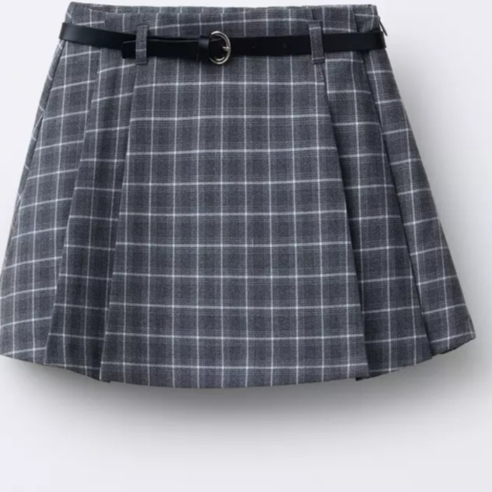 Zara Gray Plaid Mini Skirt with Black Belt